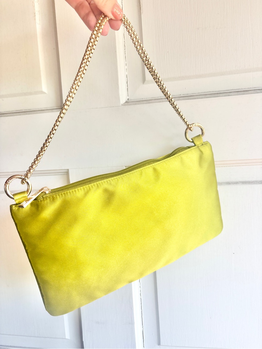 brat girl summer lime satin shoulder bag gold chain y2k purse
